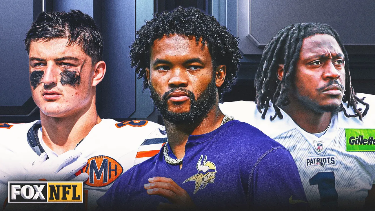 Three NFL players in football uniforms and team apparel pose in a promotional composite.