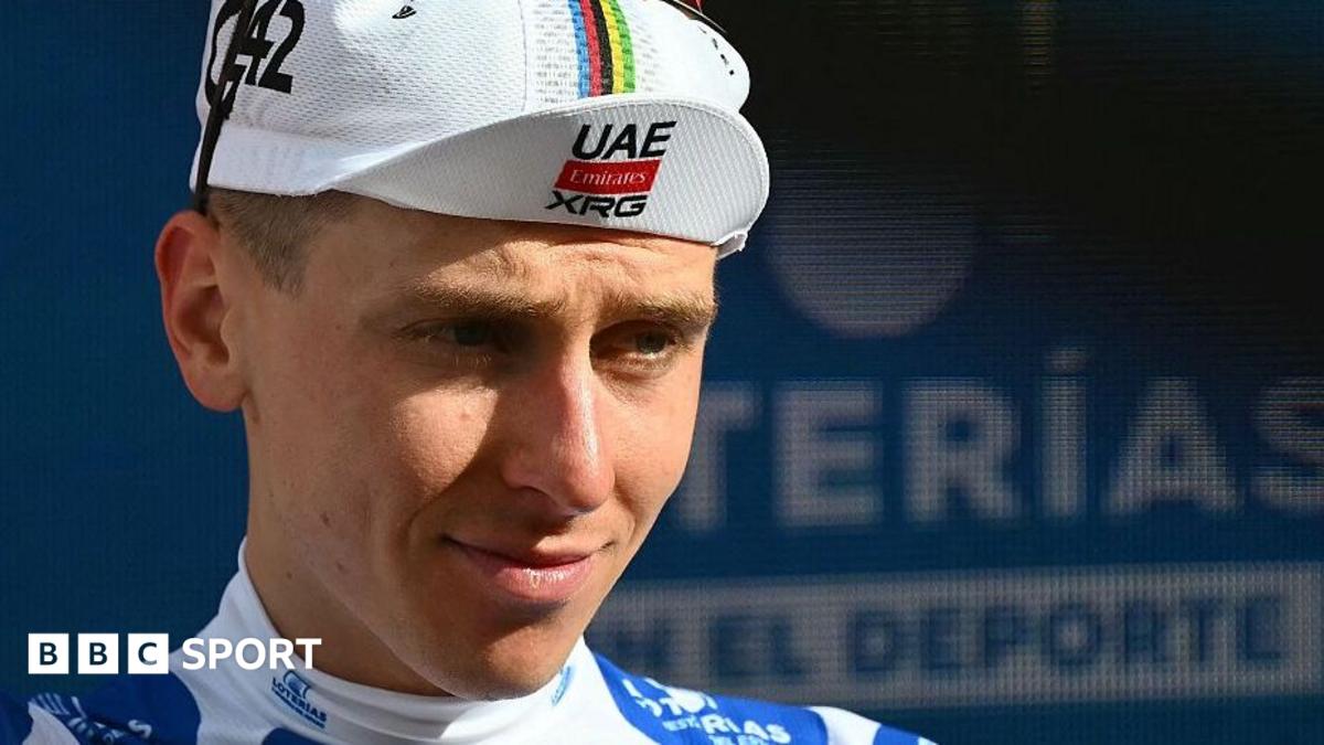 Cyclist wearing a white UAE Team Emirates cap looks ahead, with BBC Sport branding visible.
