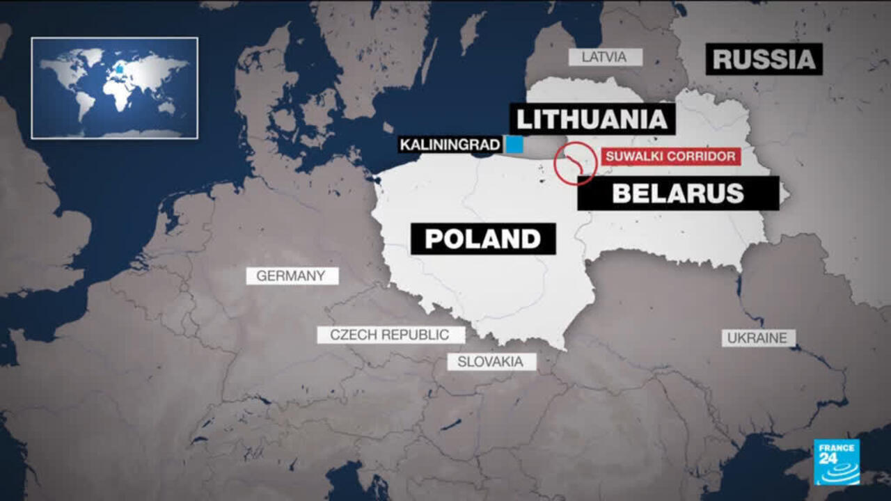 Map highlighting Poland, Lithuania, Belarus, Russia, and the Suwałki Corridor near Kaliningrad.