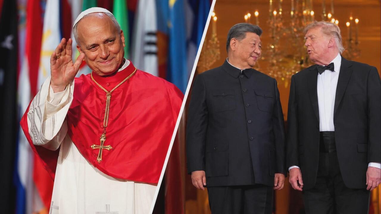 A cleric in red robes waves beside a split image of Xi Jinping and Donald Trump in formal attire.