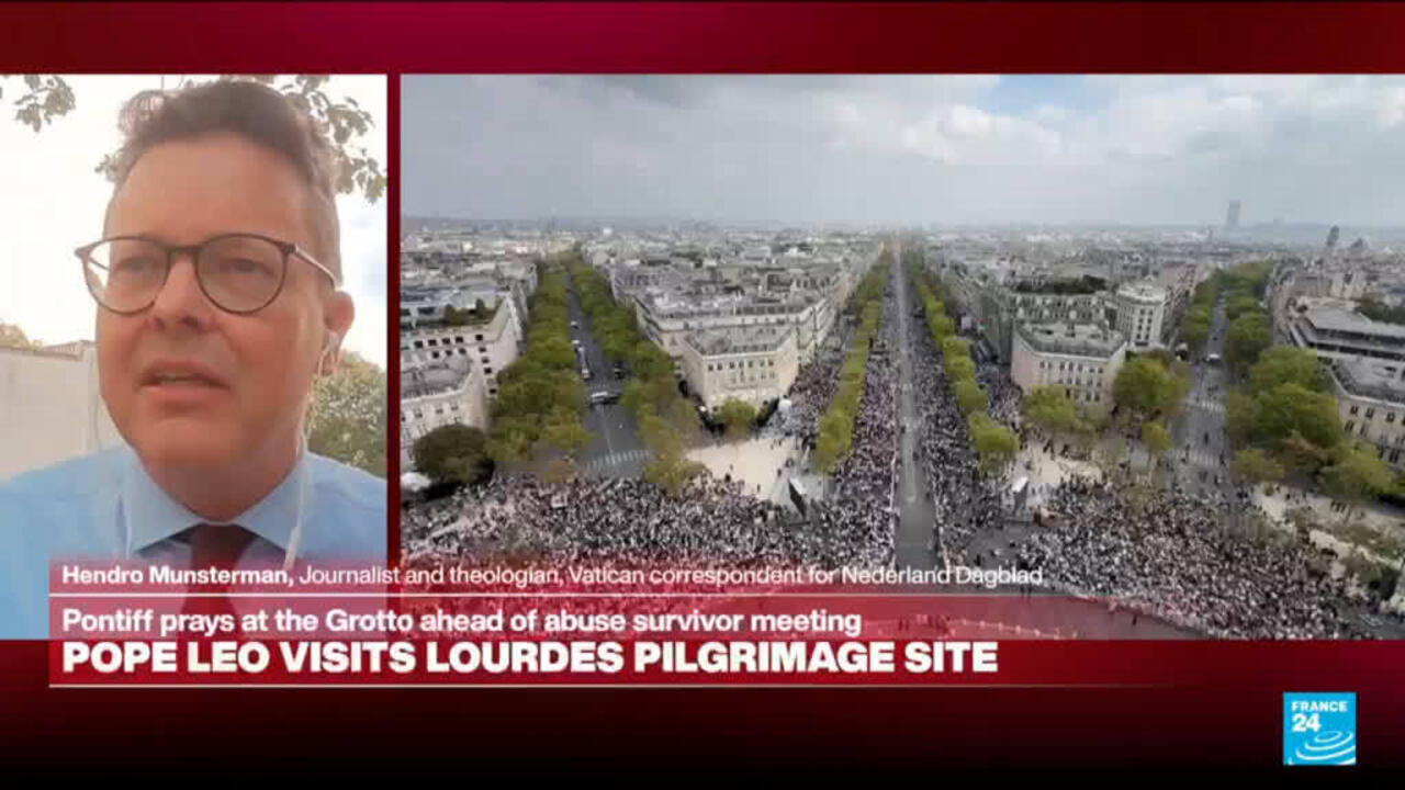 News broadcast shows a correspondent beside an aerial view of a large crowd along a tree-lined avenue.