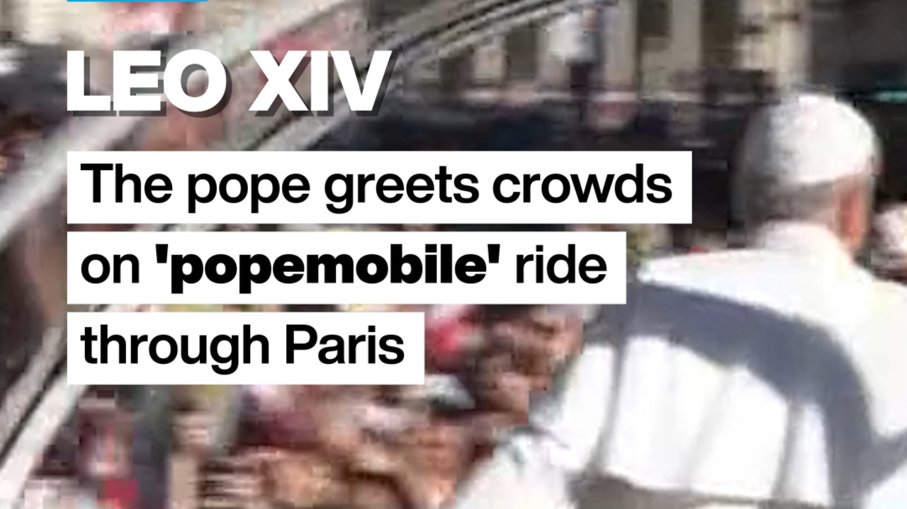 Pope in white attire rides in an open vehicle beside a crowd, with headline text overlaid.