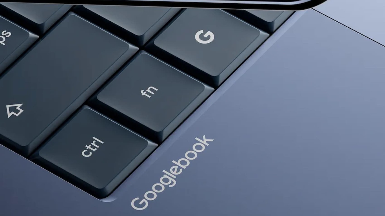 Close-up of a dark laptop keyboard showing Googlebook, ctrl, and function keys.