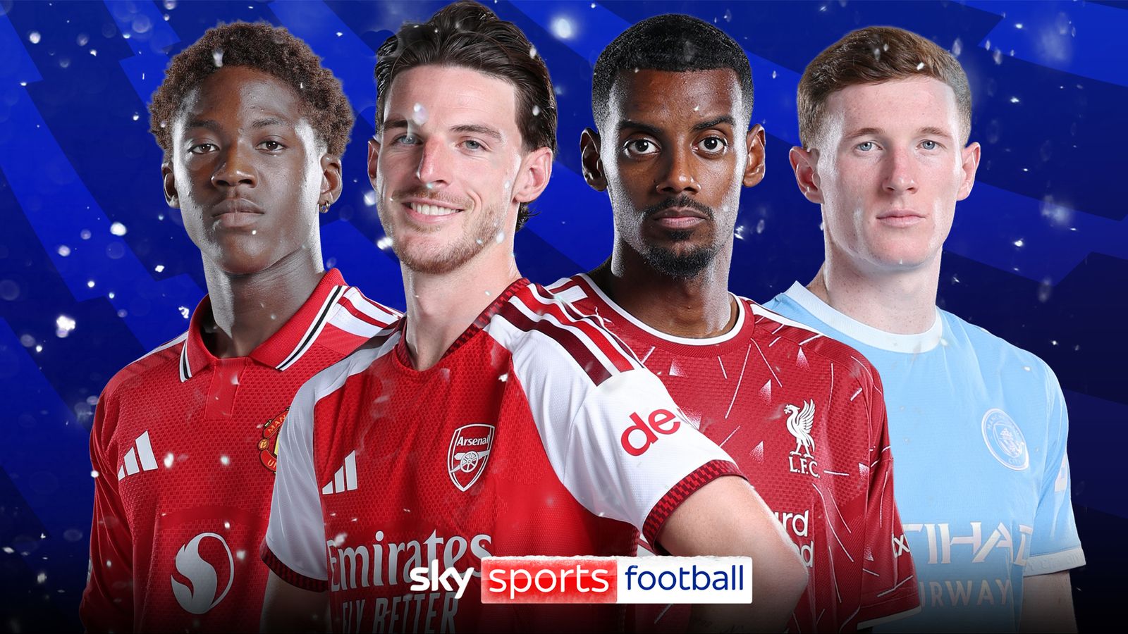 Four footballers in red and blue kits posed against a blue graphic background with falling snow