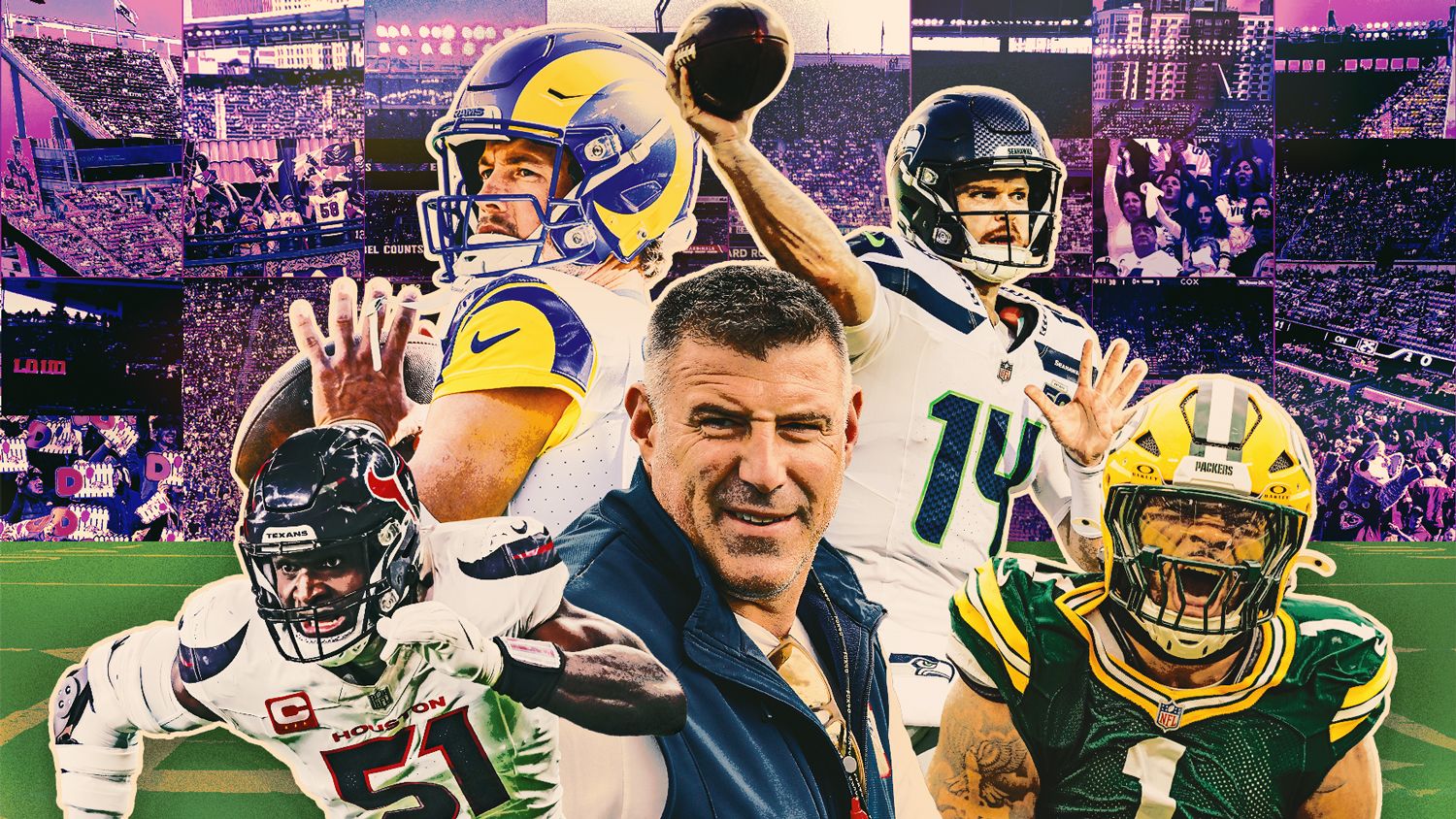 Collage of football players, a coach, stadium crowds and team helmets in vivid purple, yellow and green tones