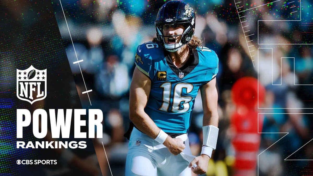 NFL player in teal Jaguars uniform and helmet beside NFL Power Rankings graphic
