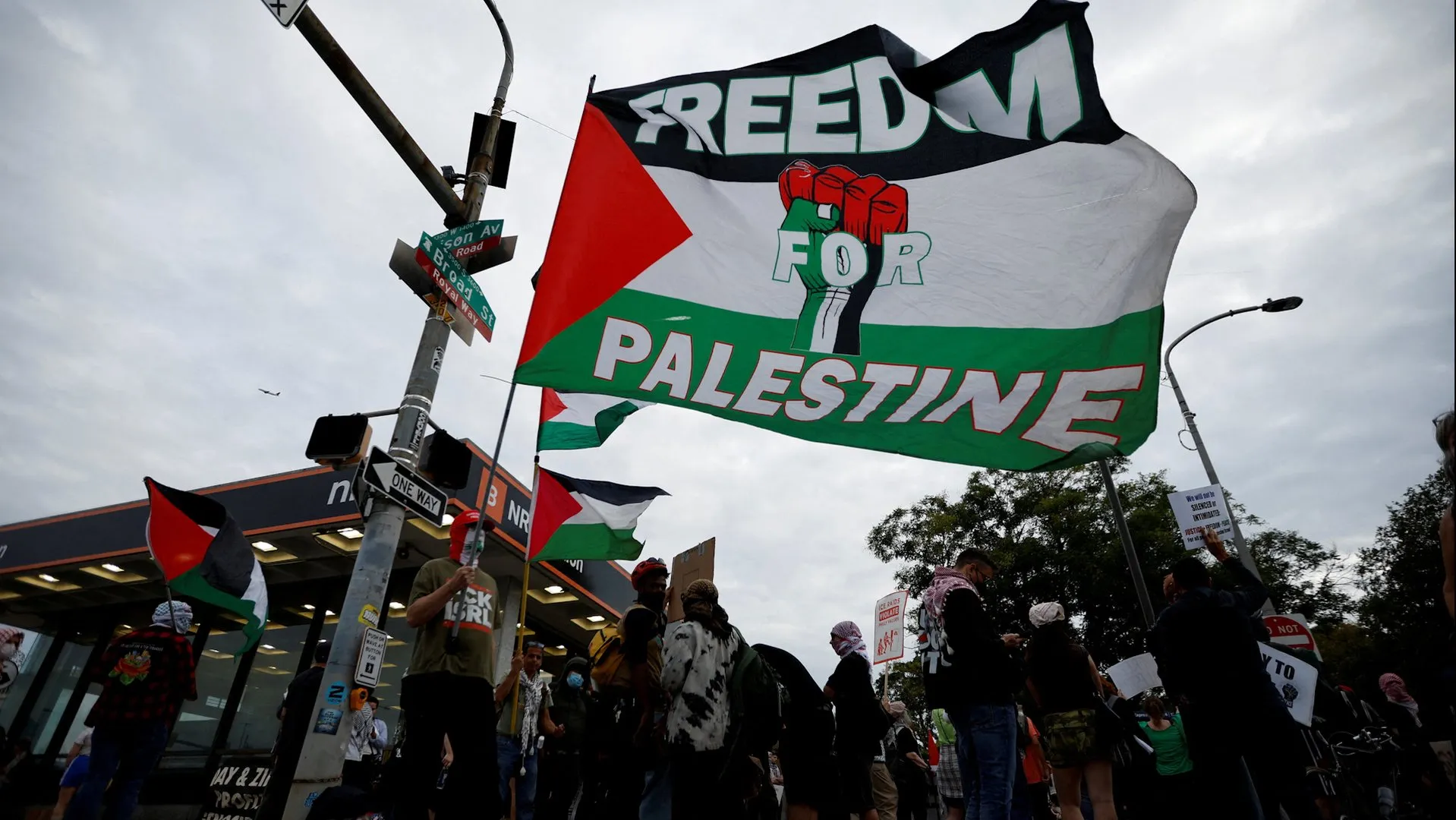 Pro-Palestine protesters carry Palestinian flags and signs at a street demonstration.