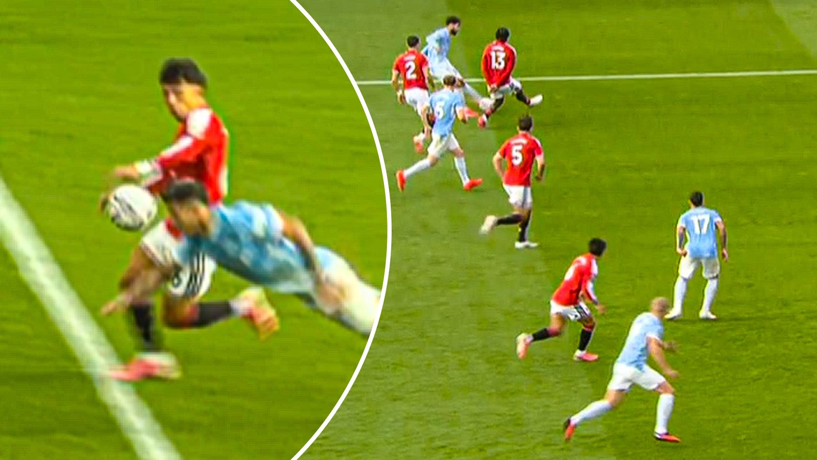 Close-up of a blue-shirted footballer colliding with a red-shirted opponent as the ball rolls nearby.