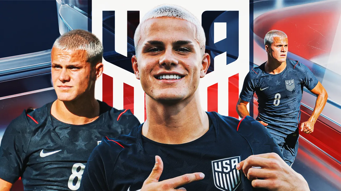 Three portraits of a blond soccer player in a navy USA jersey against a red, white, and blue graphic.