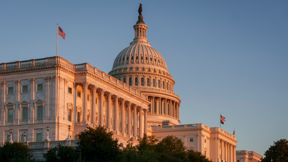 The U.S. Capitol building glows in evening sunlight beneath a clear blue sky, with American flags flying.