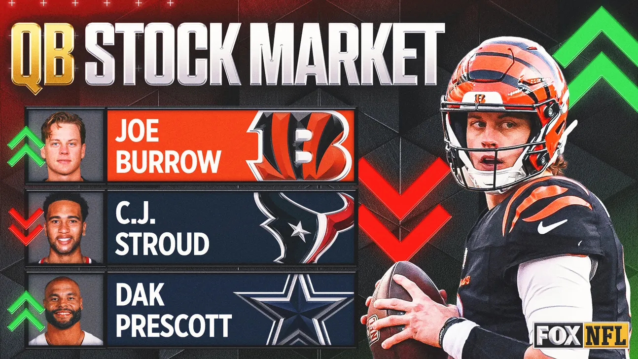 Graphic comparing NFL quarterbacks with up and down arrows beside player portraits and team logos.