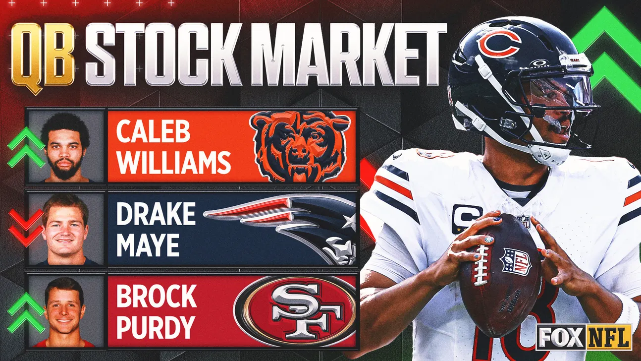 Graphic ranking three NFL quarterbacks with Caleb Williams featured alongside a Chicago Bears player image
