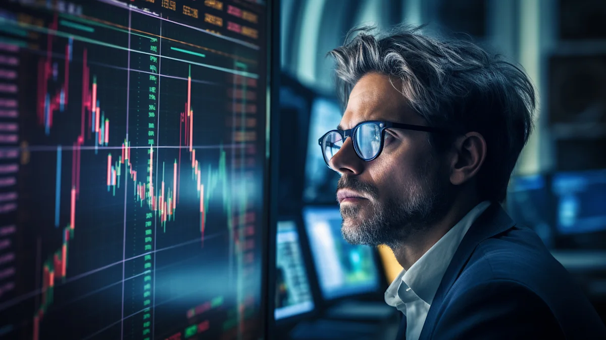 Man wearing glasses studies colorful financial market charts on multiple trading monitors.