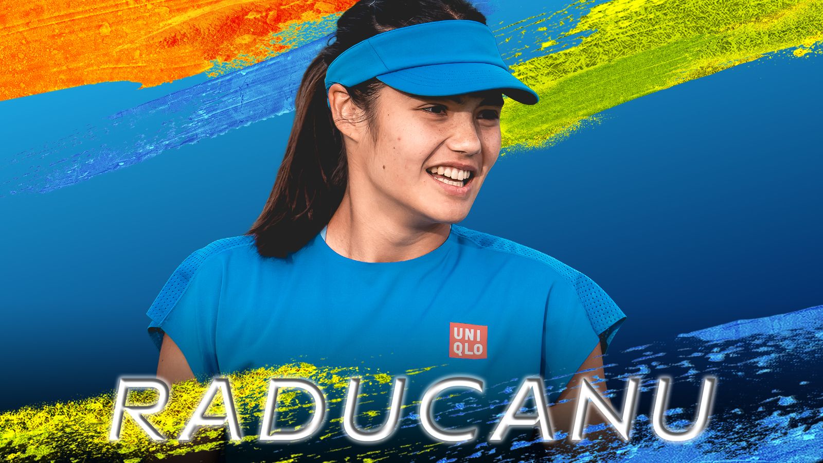Smiling female tennis player in blue visor and shirt against colorful painted brushstrokes