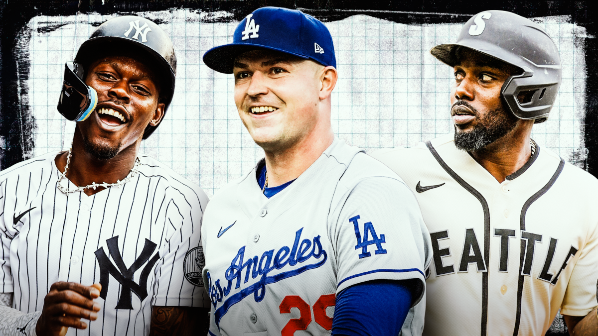Three professional baseball players in Yankees, Dodgers, and Seattle uniforms posed together against a gridded background