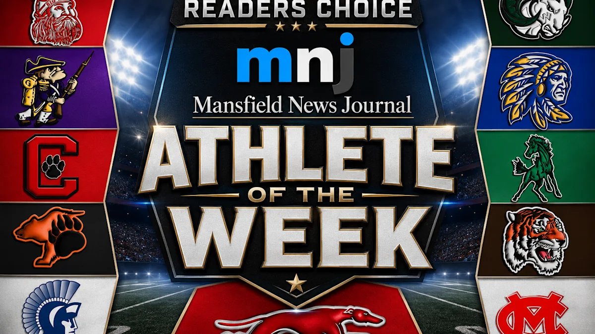 Mansfield News Journal Athlete of the Week graphic surrounded by local school team logos.