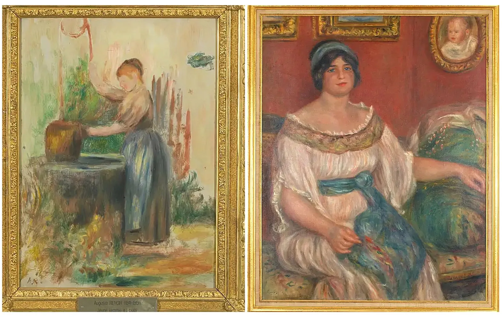Two framed impressionist paintings showing women, one outdoors and one seated indoors.