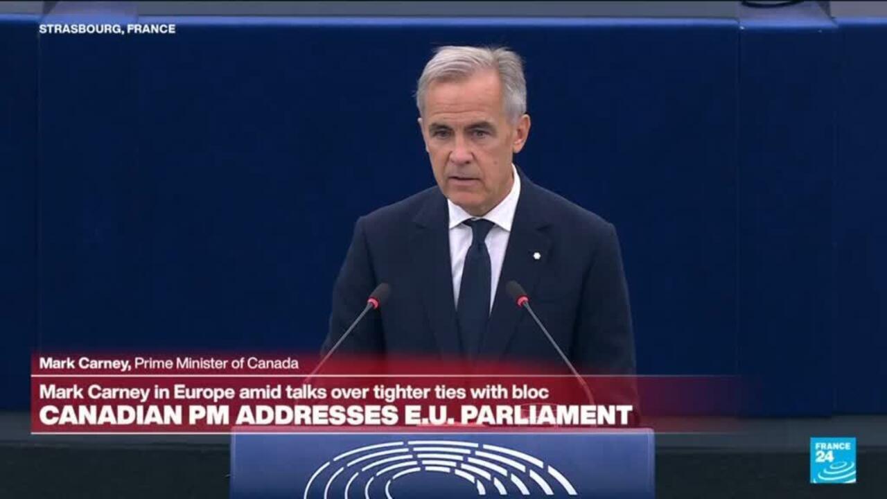 Gray-haired man in dark suit speaking at a podium before a blue parliamentary backdrop.