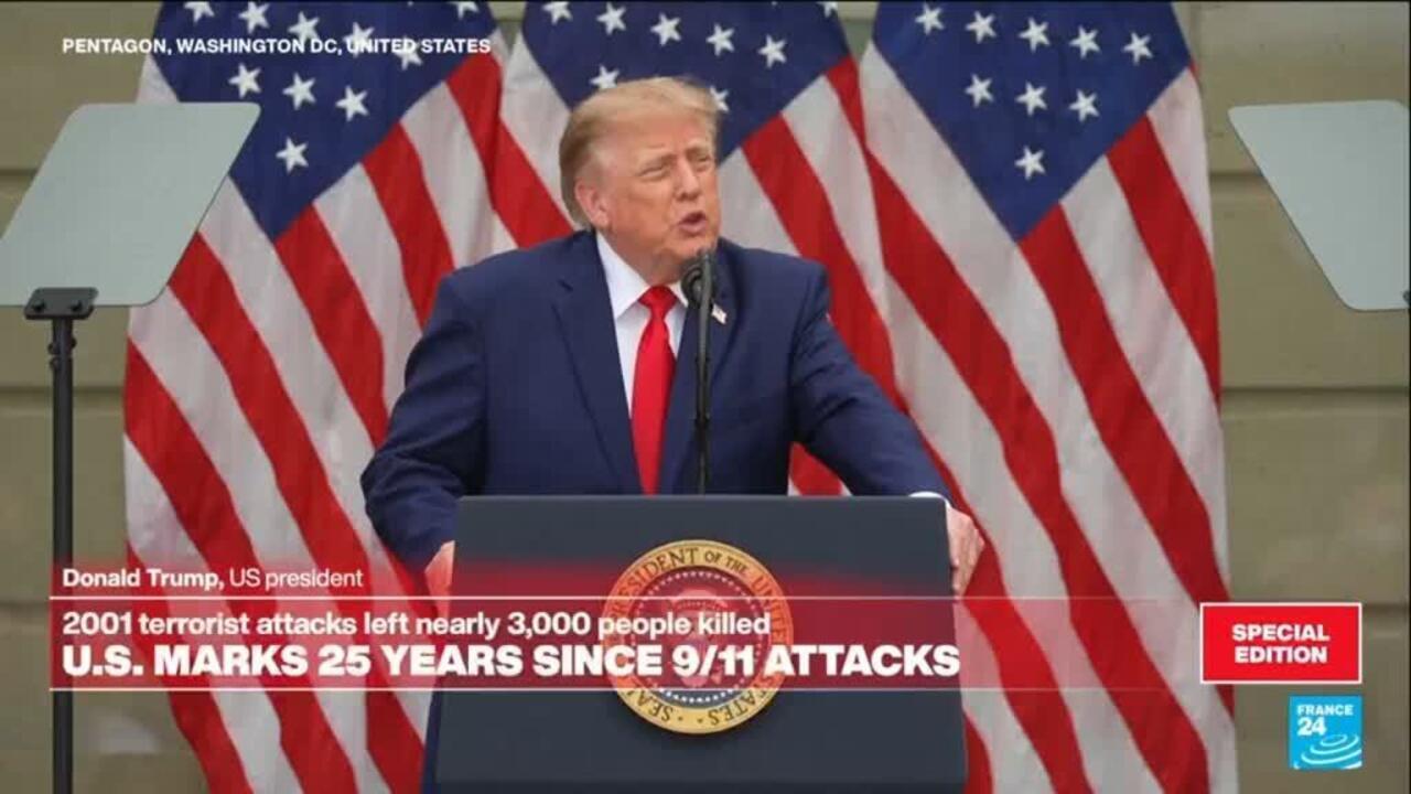 Donald Trump speaks at a podium before American flags, with teleprompters on both sides.