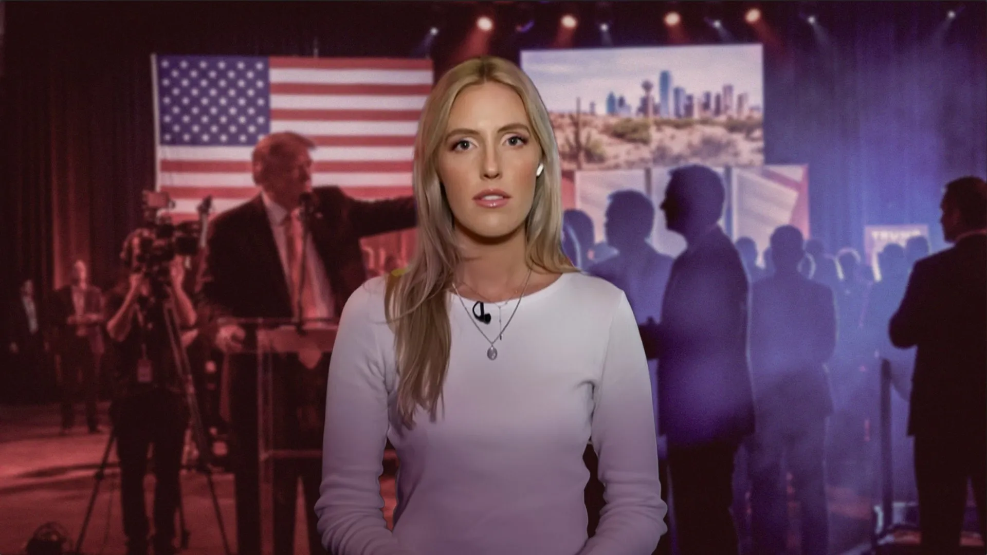 Woman presenter standing before a U.S. flag and projected cityscape at a political event