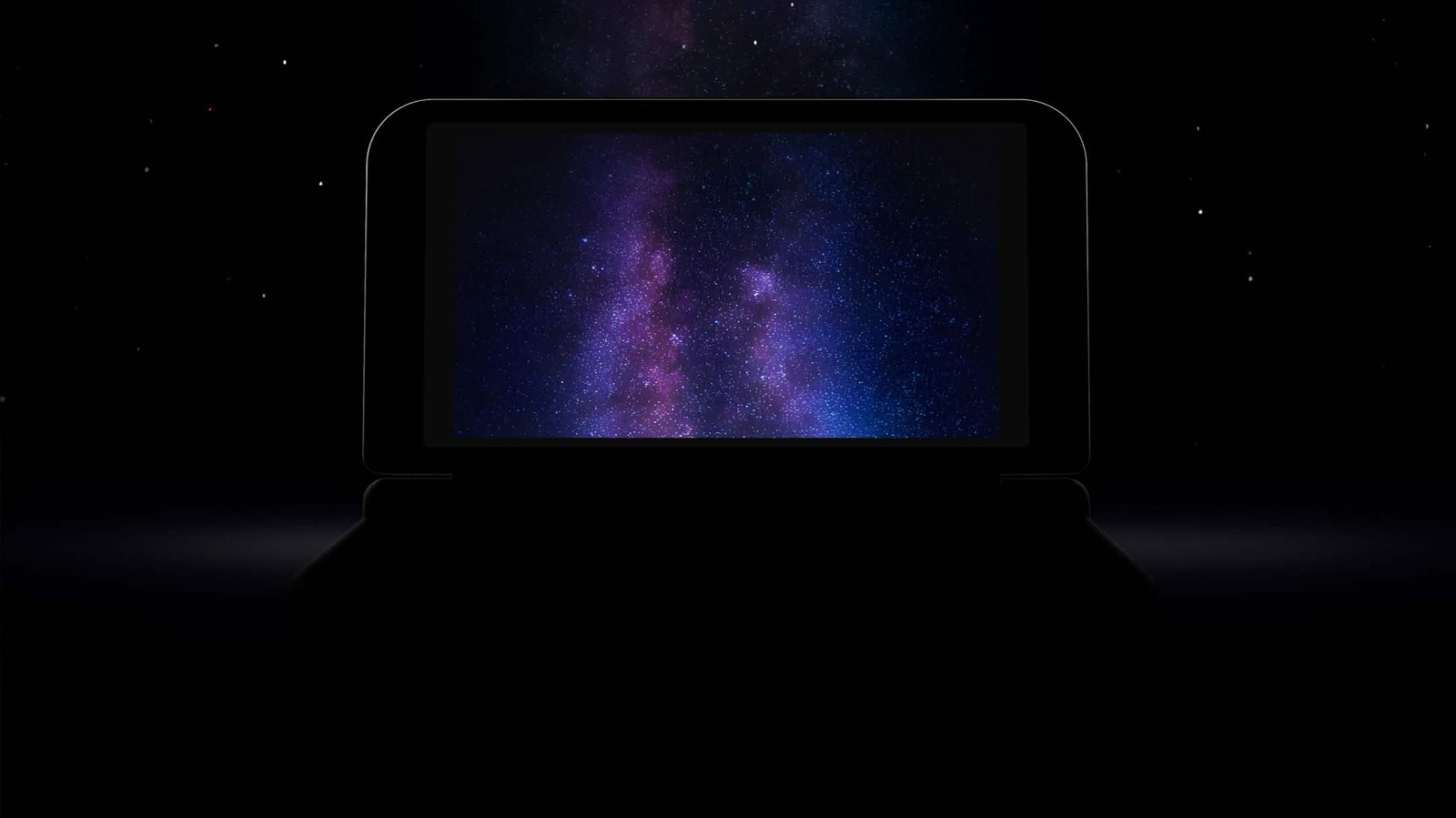 Dark handheld device displaying a vivid purple-blue star field against a black background.