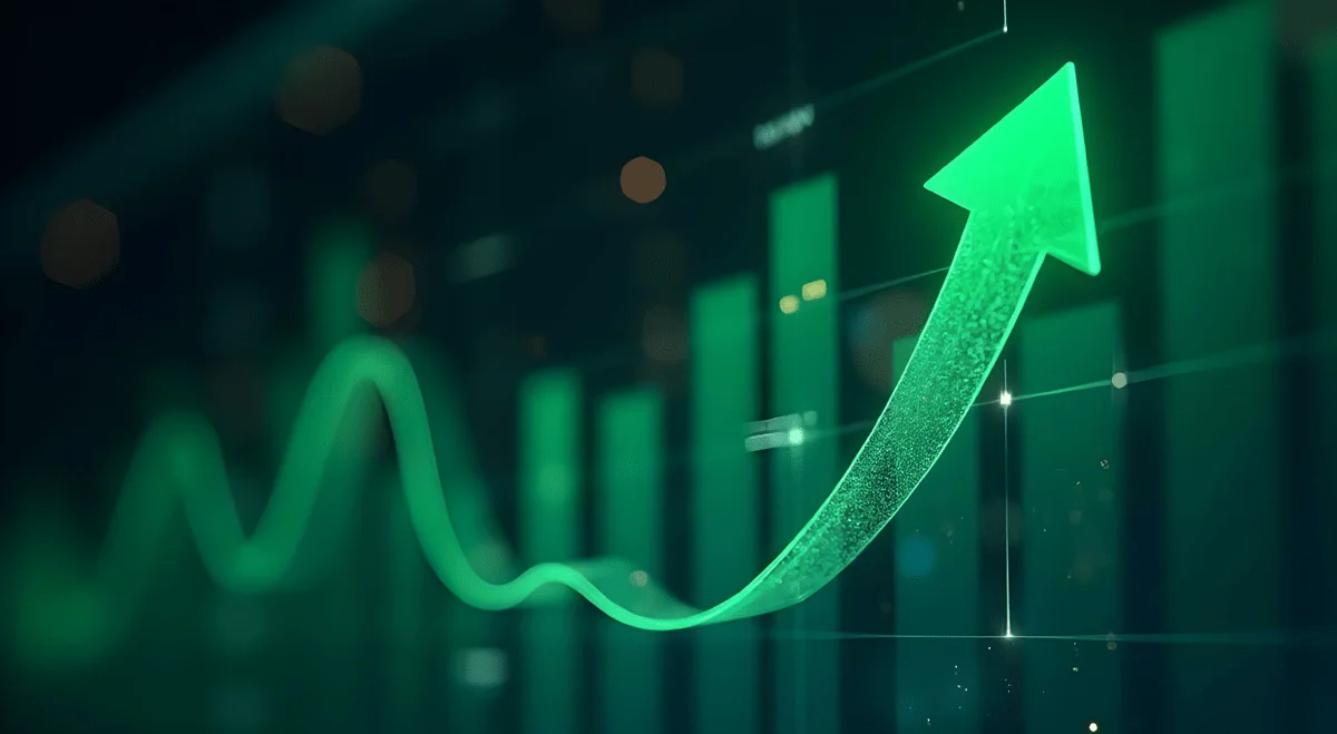 Green upward arrow rising over blurred financial chart bars against a dark background