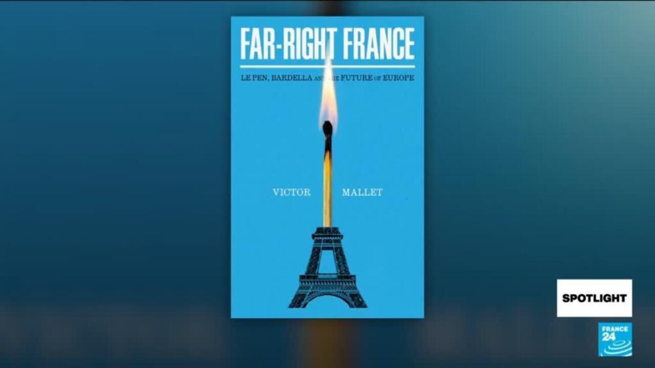 Blue graphic showing a book cover titled “Far-Right France” with a burning Eiffel Tower illustration.