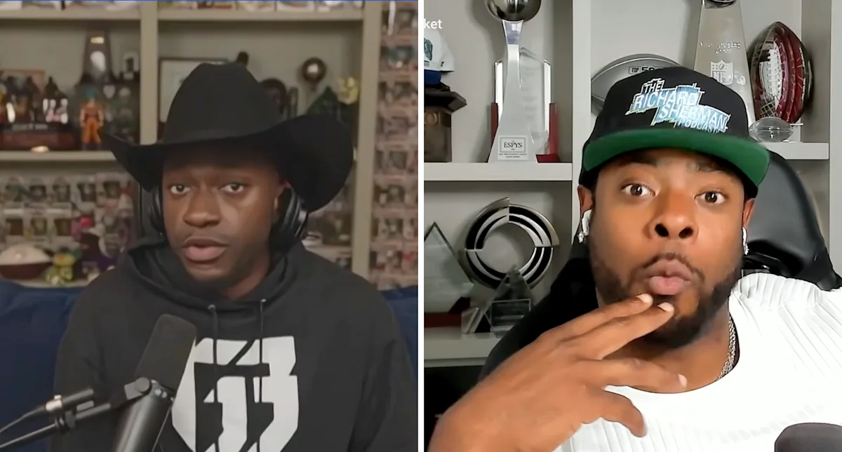 Split-screen image shows two men speaking on camera, one wearing a cowboy hat and one wearing a baseball cap.
