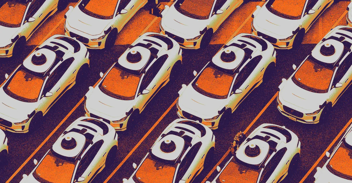 Stylized overhead illustration of rows of white robotaxis parked diagonally on orange pavement.