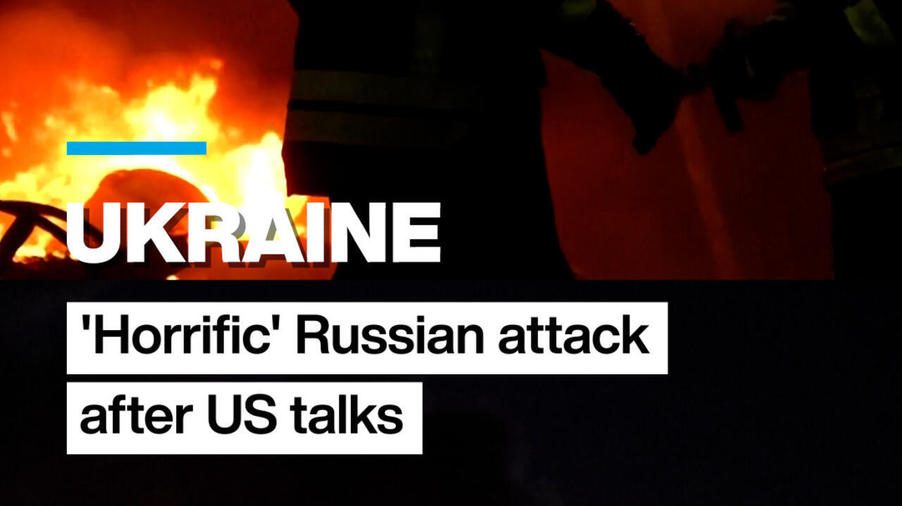 News graphic reading “UKRAINE” and “‘Horrific’ Russian attack after US talks” over flames and dark silhouettes.