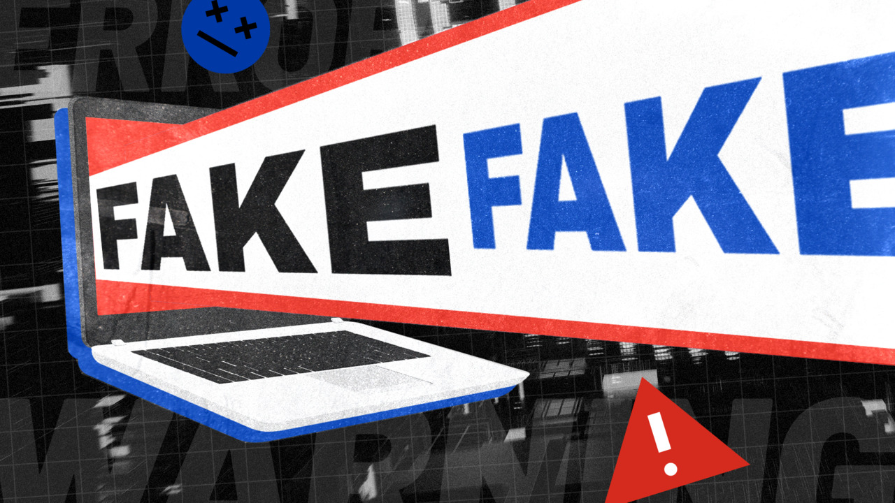 Illustrated laptop displays a large fake news banner against a dark background with warning symbols.