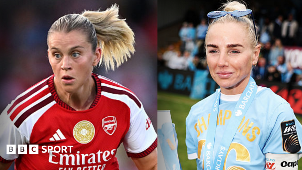 Two female footballers pictured side by side, one in an Arsenal shirt and one in light blue.