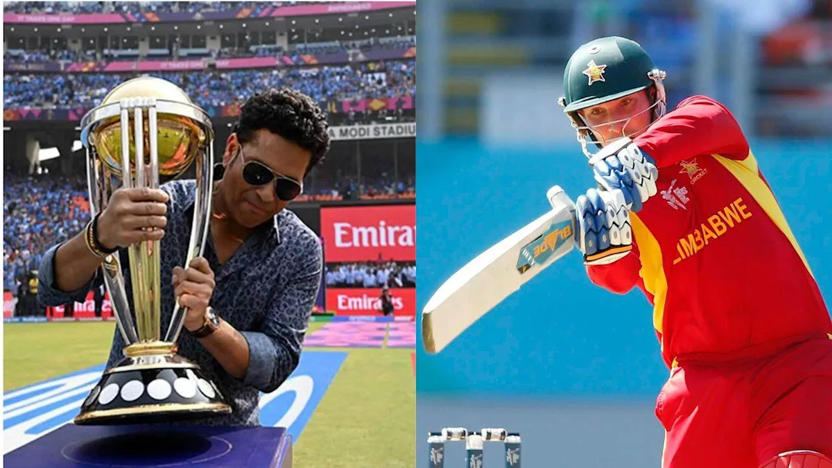 Sachin Tendulkar holds a cricket trophy beside Zimbabwe batsman Brendan Taylor in red kit
