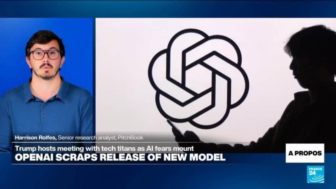 News broadcast shows a man in a blue shirt beside the OpenAI logo and a silhouetted person.