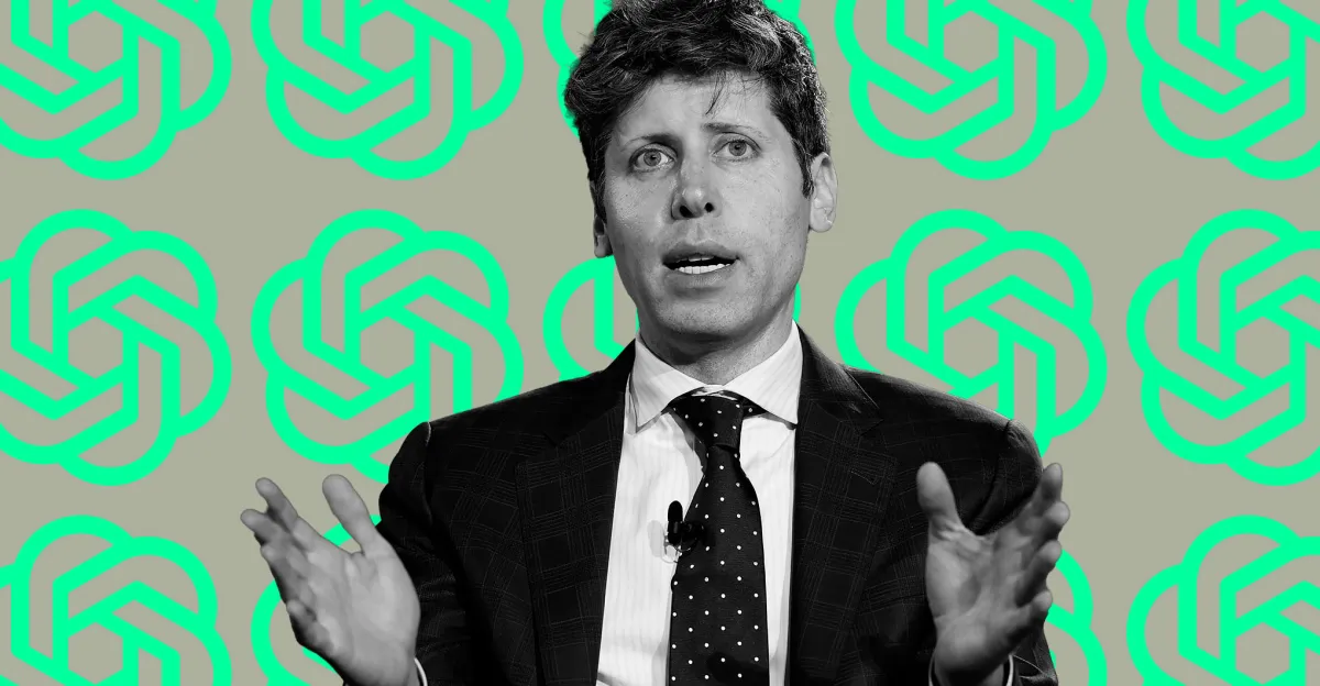 Black-and-white portrait of a suited man gesturing against a bright green repeating logo pattern.