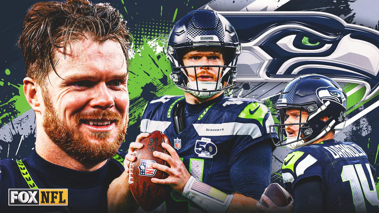 Collage of Seattle Seahawks players, a coach, football, helmets, and a large Seahawks logo