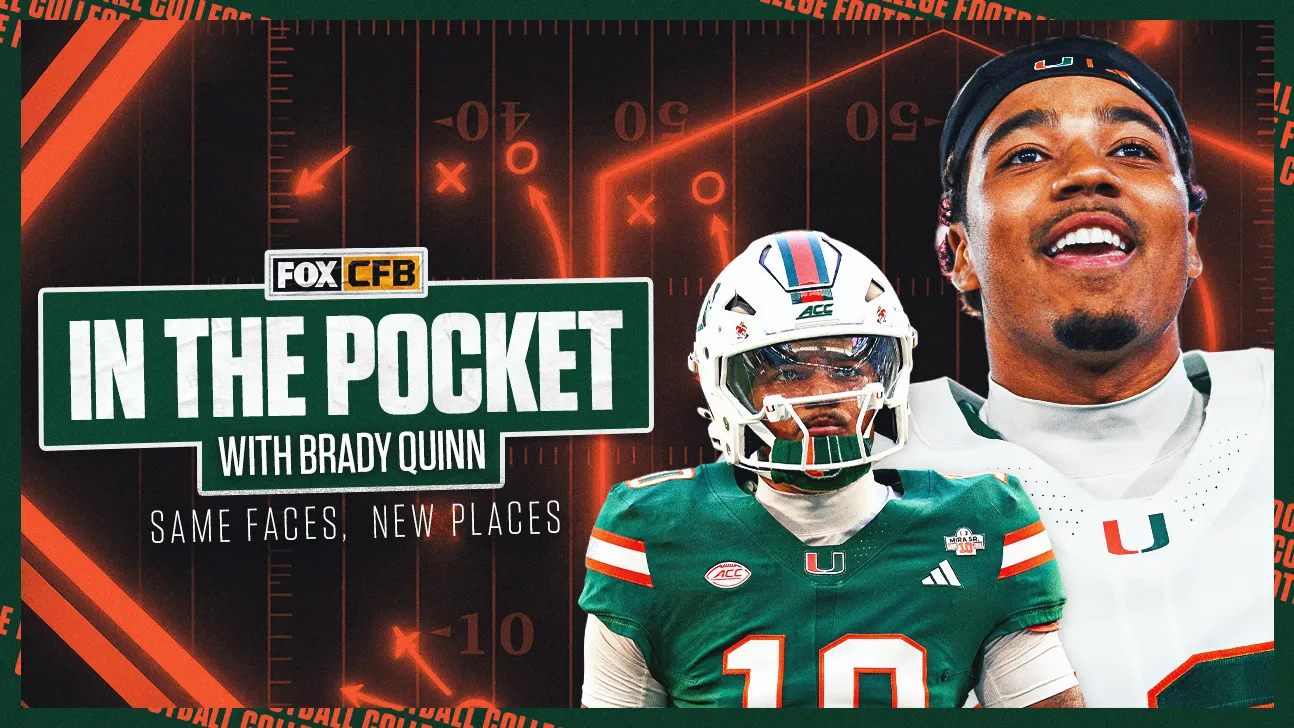 Two Miami Hurricanes quarterbacks in green and white uniforms against a football playbook graphic.