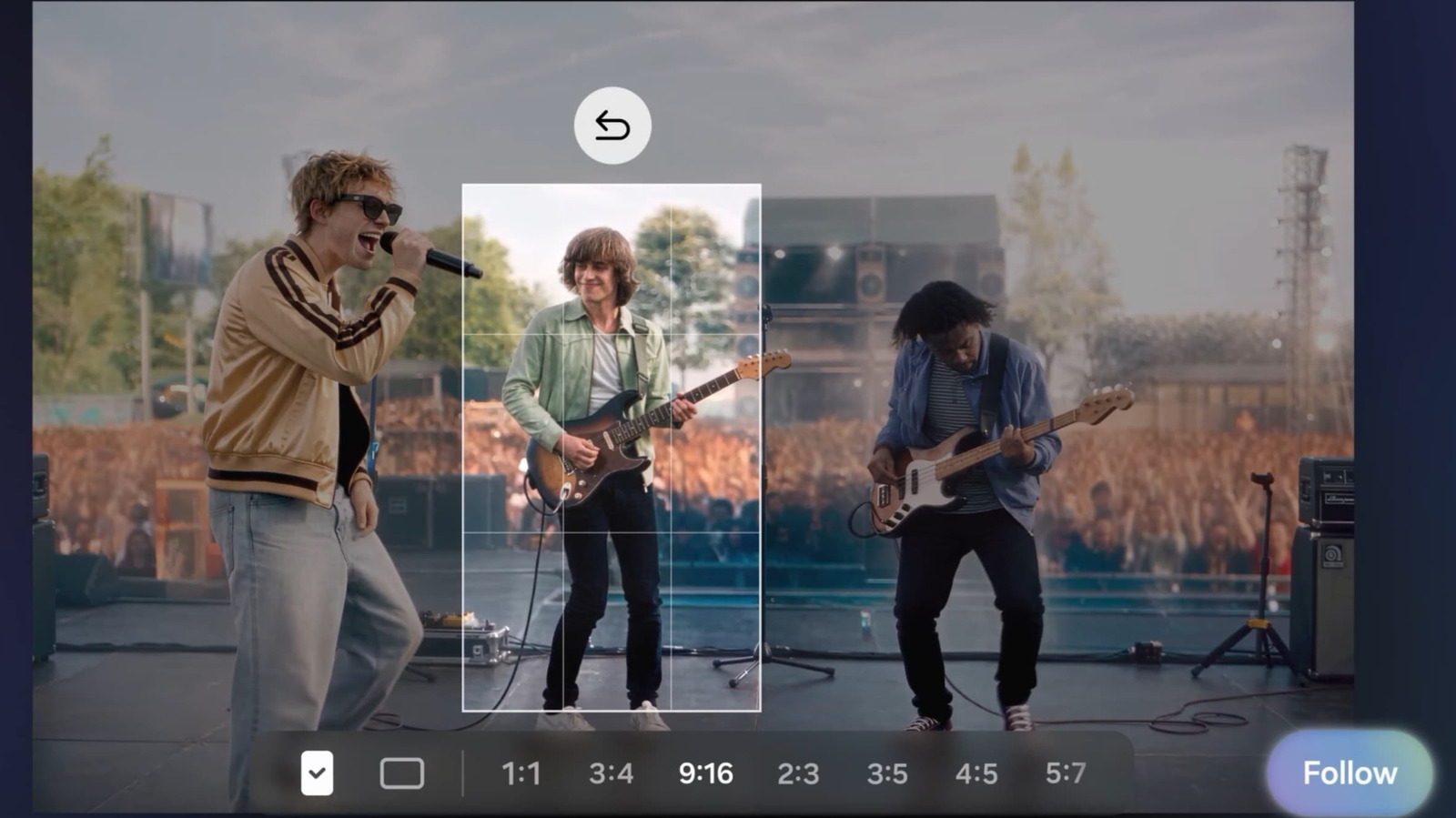 Smartphone screen shows a band performing outdoors with a vertical crop-selection interface