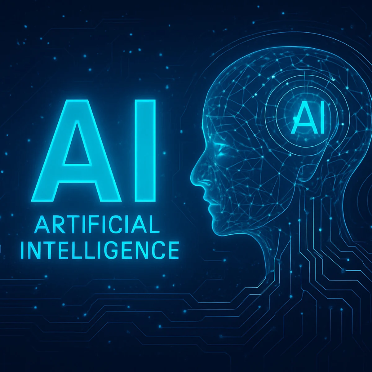 Glowing blue AI lettering beside a digital human head with circuit patterns and concentric rings.