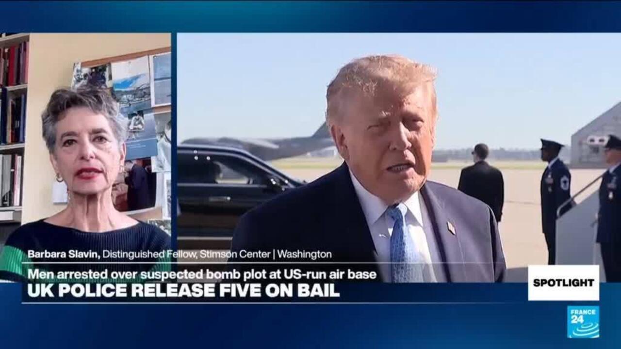 Split-screen shows a woman speaking from a room and Donald Trump speaking outdoors beside a vehicle.