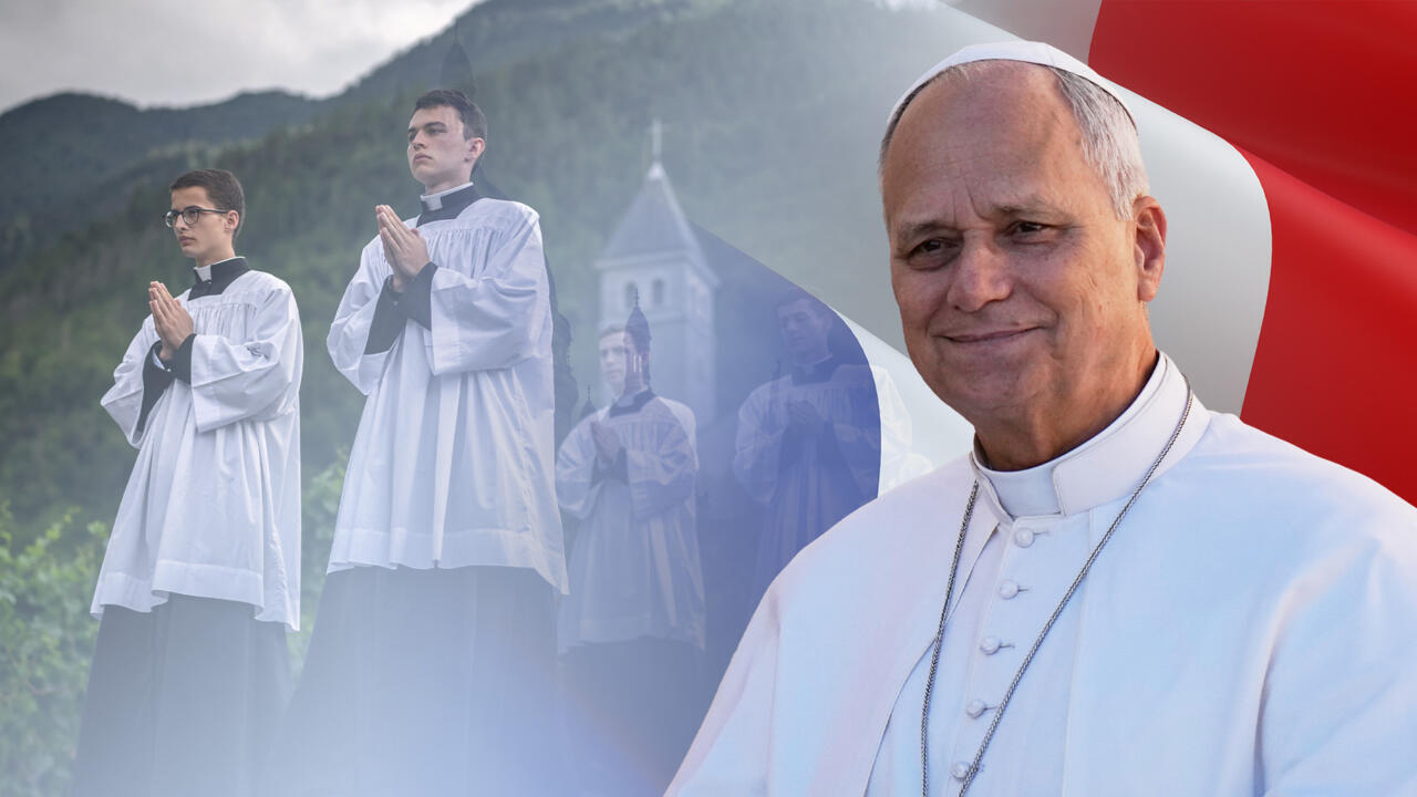 A smiling clergyman in white robes stands before faded images of praying clergy and a church.