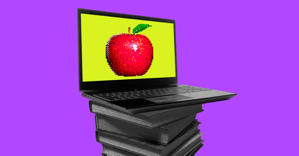 Pixelated red apple displayed on a laptop stacked atop several dark books against purple background