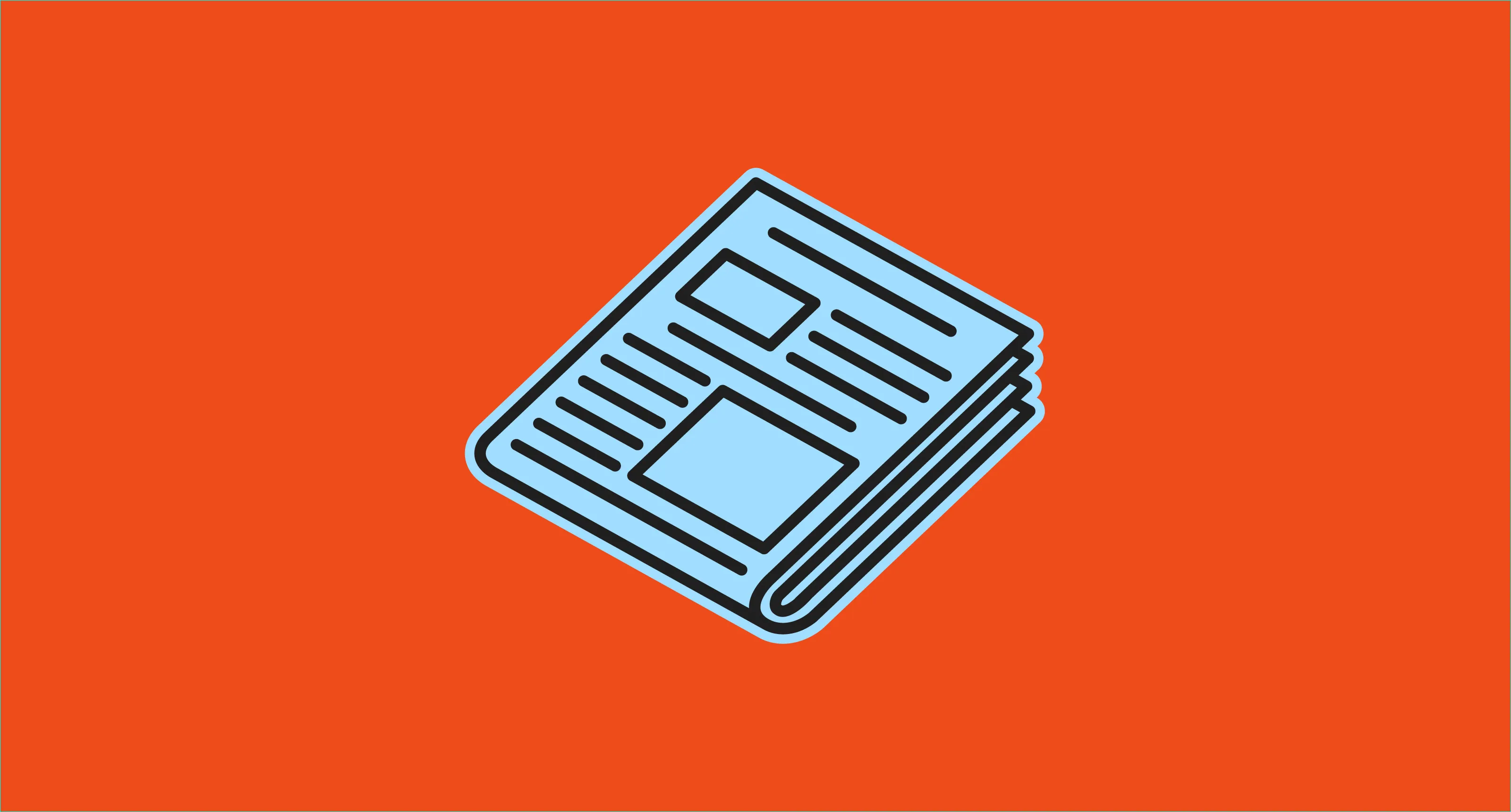 Stylized blue newspaper illustration on a bright orange background