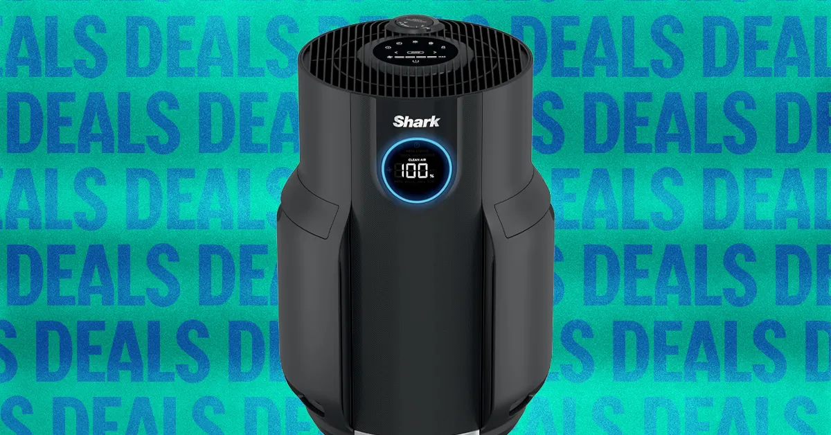 Black Shark air purifier with a blue-lit circular display against a teal background patterned with “DEALS.”