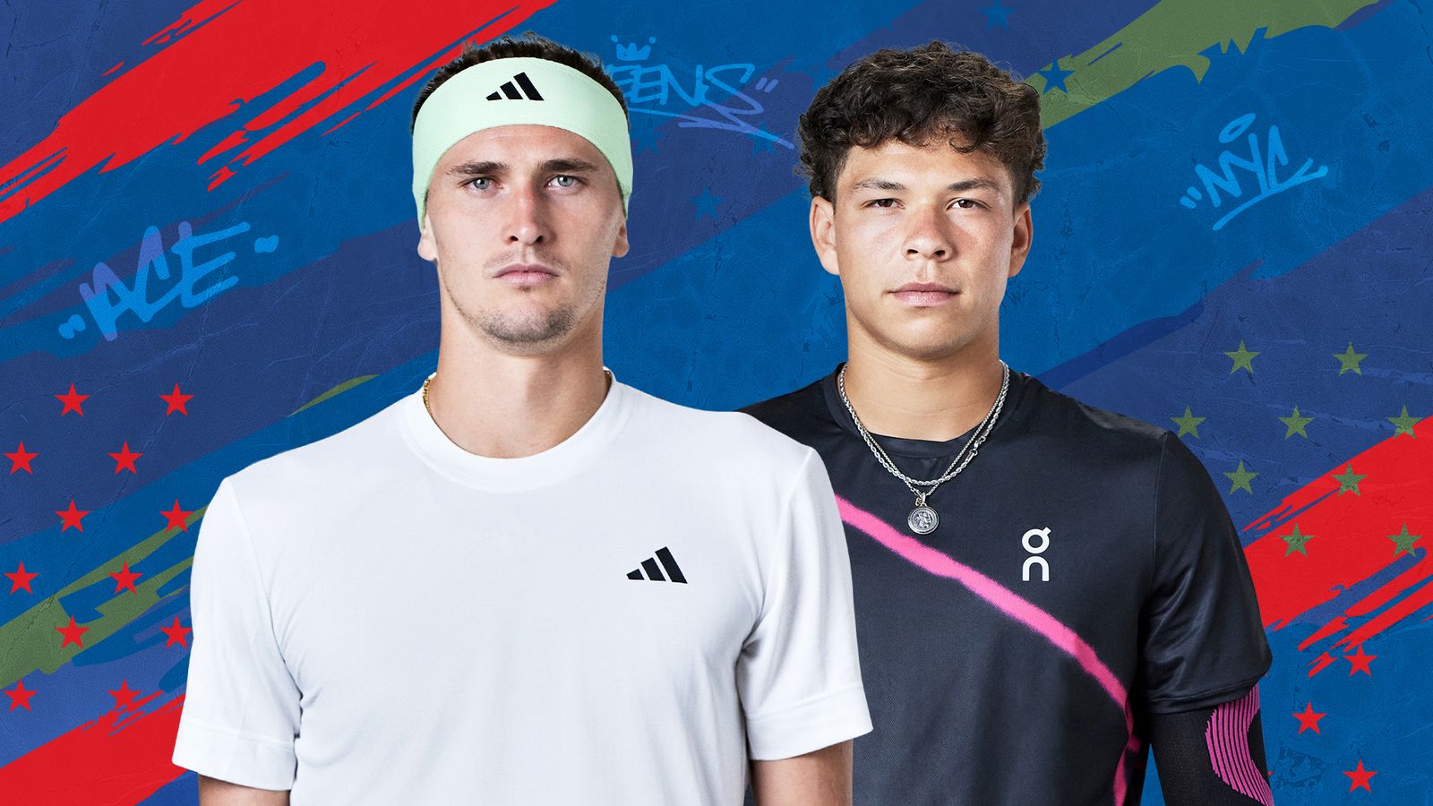 Two male tennis players pose in front of a colorful blue, red and green graphic background.