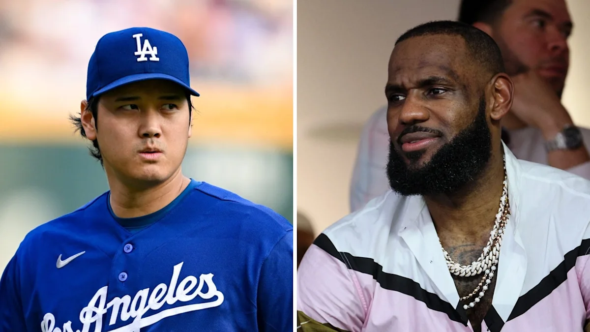 Shohei Ohtani in a blue Dodgers uniform beside LeBron James wearing a white patterned shirt and necklaces