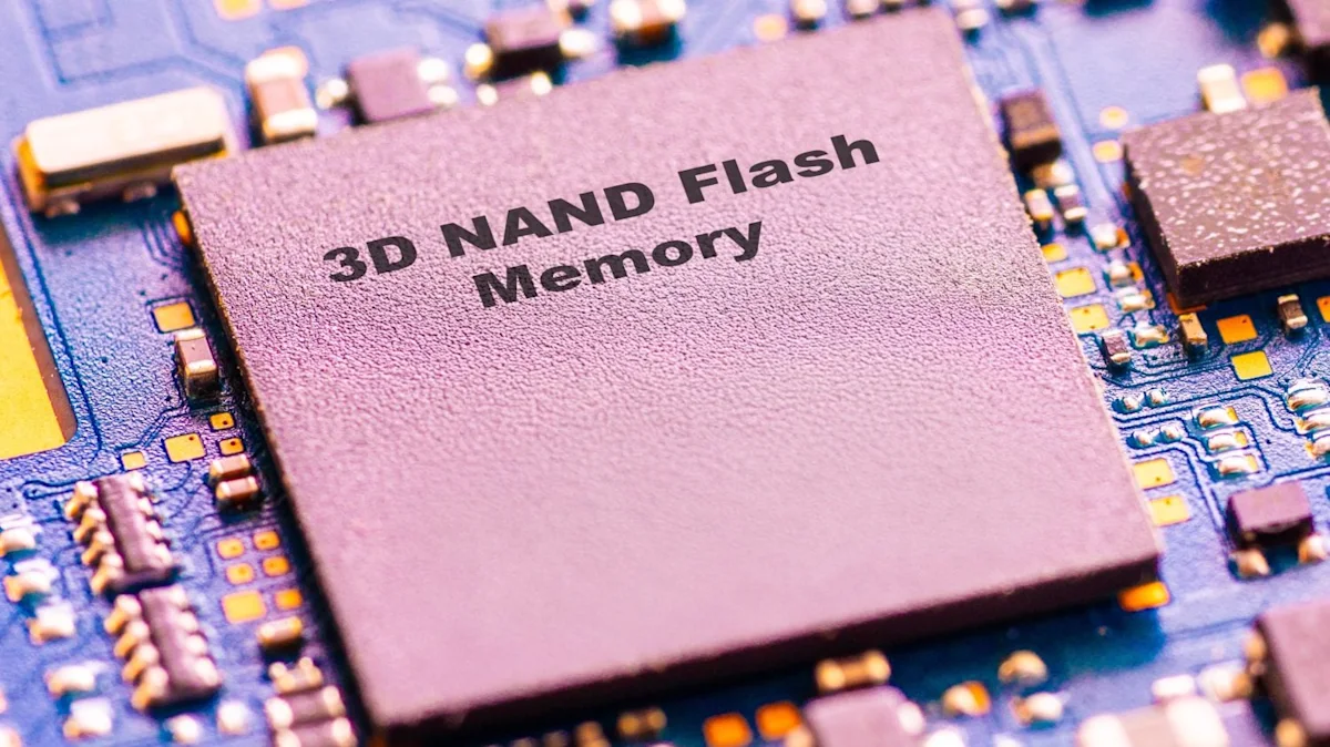 Close-up of a circuit board featuring a chip labeled “3D NAND Flash Memory.”