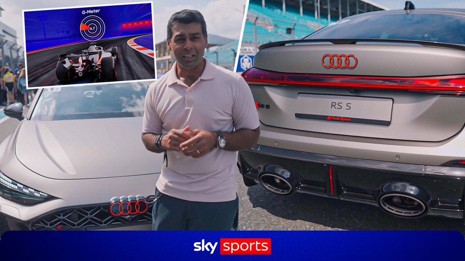 Man stands between Audi cars beneath inset Formula car G-Meter graphic and Sky Sports branding