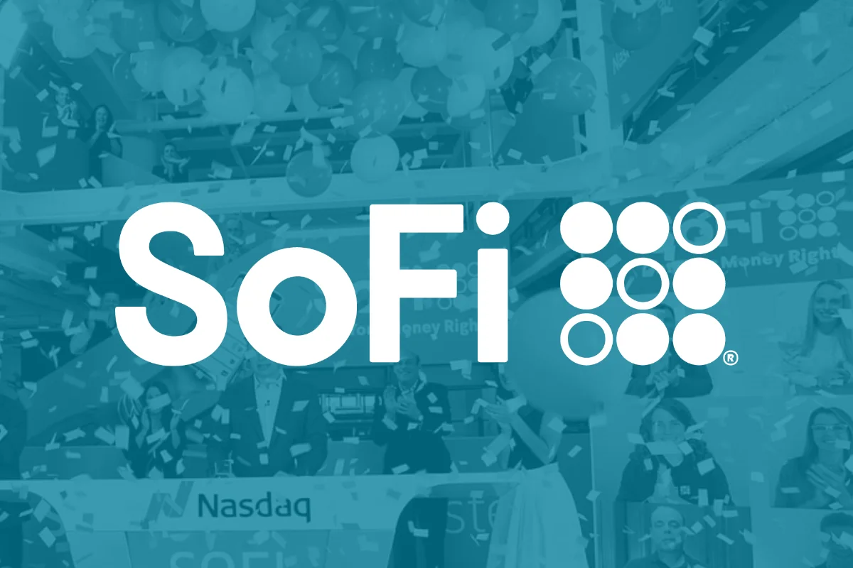 White SoFi logo over a blue-tinted collage of people, confetti, and Nasdaq signage