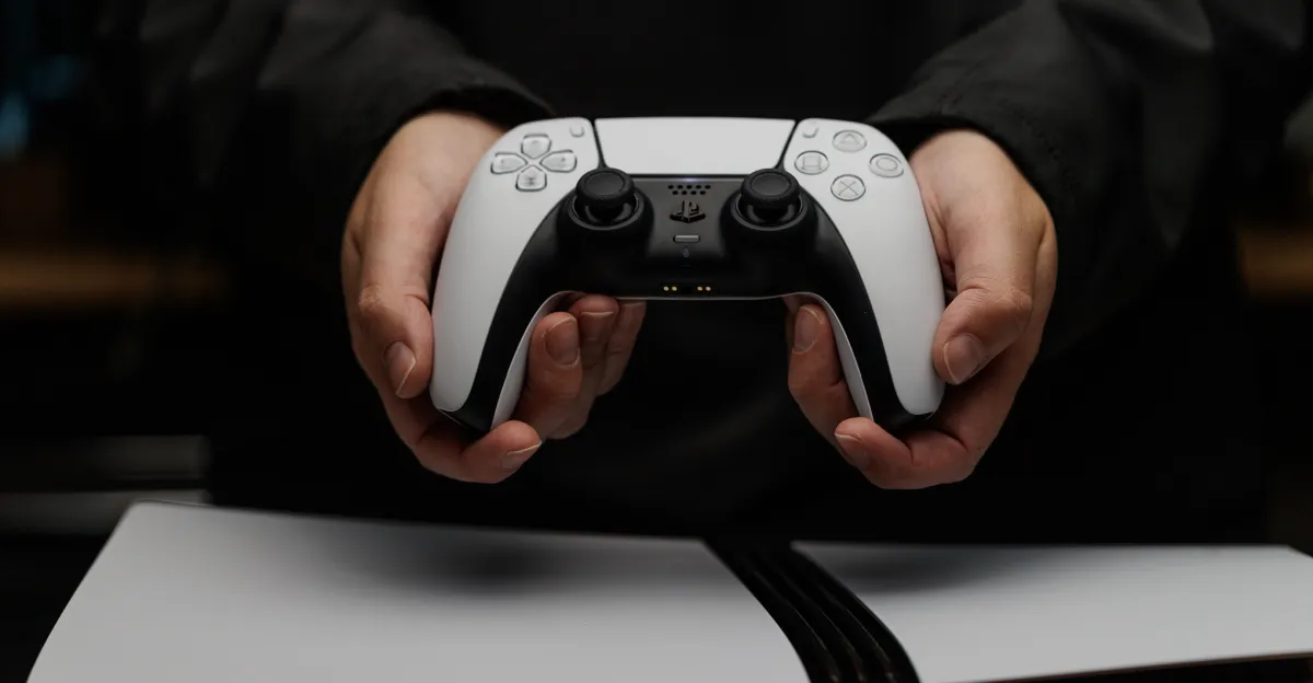 Hands holding a white PlayStation controller above a game console